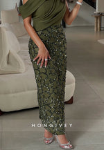 One Shoulder Sheath Ankle-Length Evening Gowns with Beading