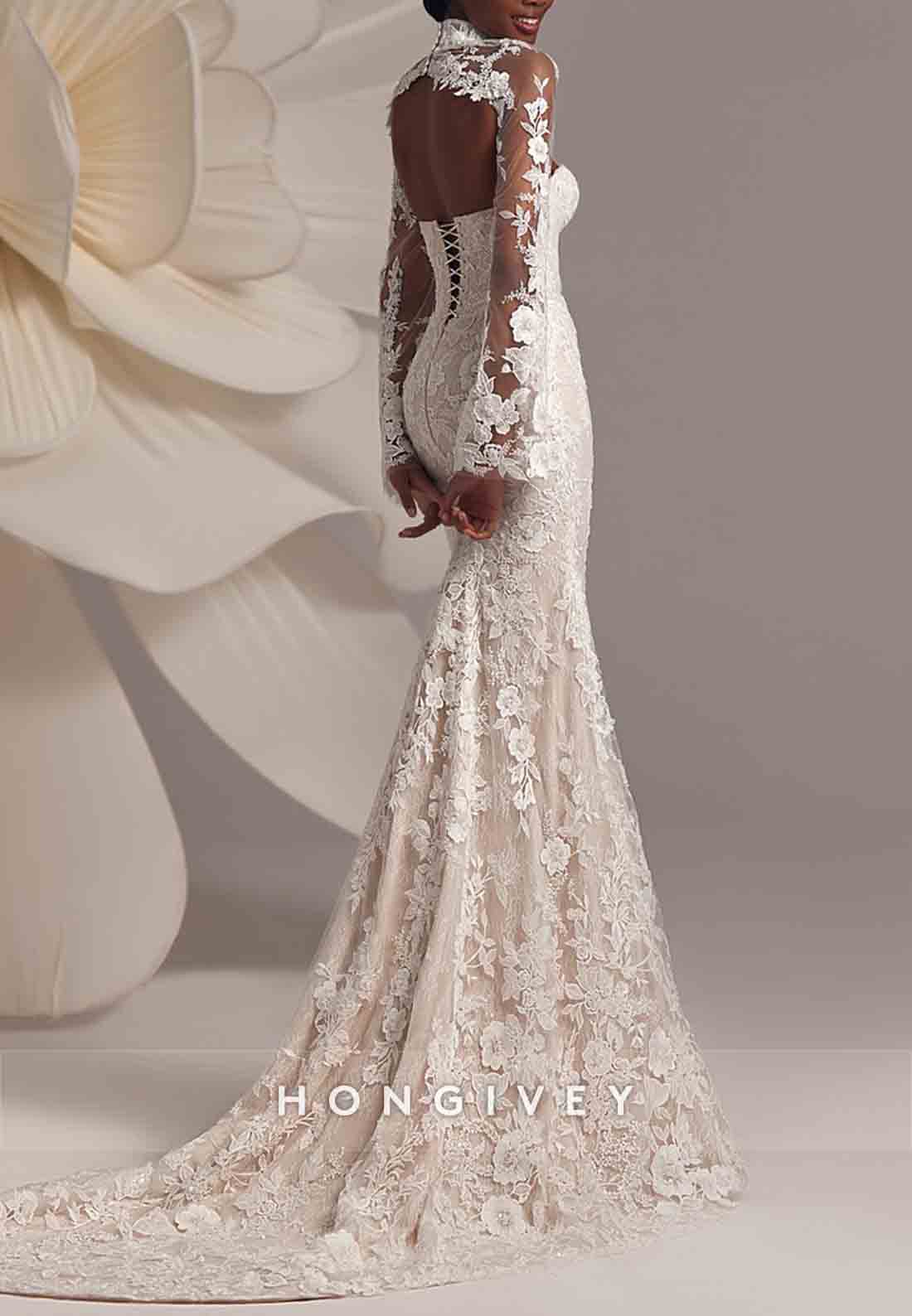 Lace Long Sleeves High Neck Floor-Length Trumpet Wedding Dresses