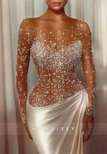 Long Sleeves Satin Illusion Neck Wedding Dresses with Pearls and Beading