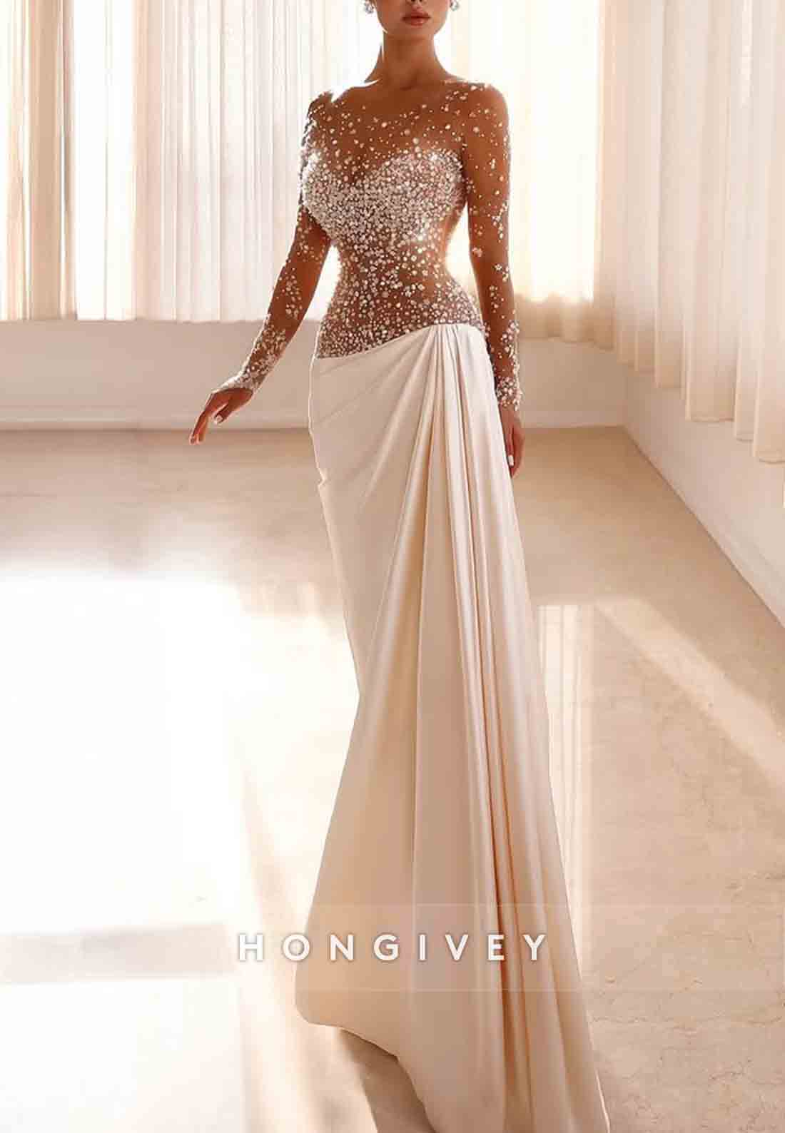 Long Sleeves Satin Illusion Neck Wedding Dresses with Pearls and Beading