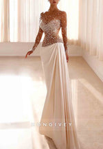 Long Sleeves Satin Illusion Neck Wedding Dresses with Pearls and Beading