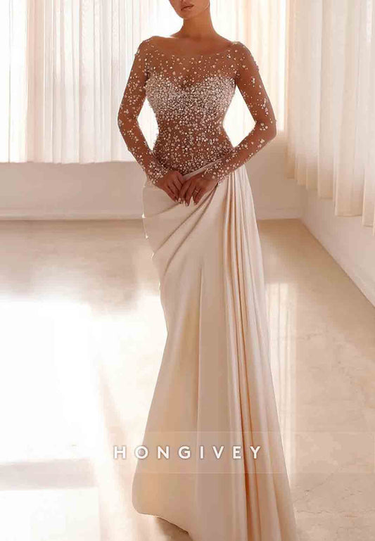 Long Sleeves Satin Illusion Neck Wedding Dresses with Pearls and Beading