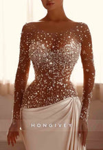 Long Sleeves Satin Illusion Neck Wedding Dresses with Pearls and Beading