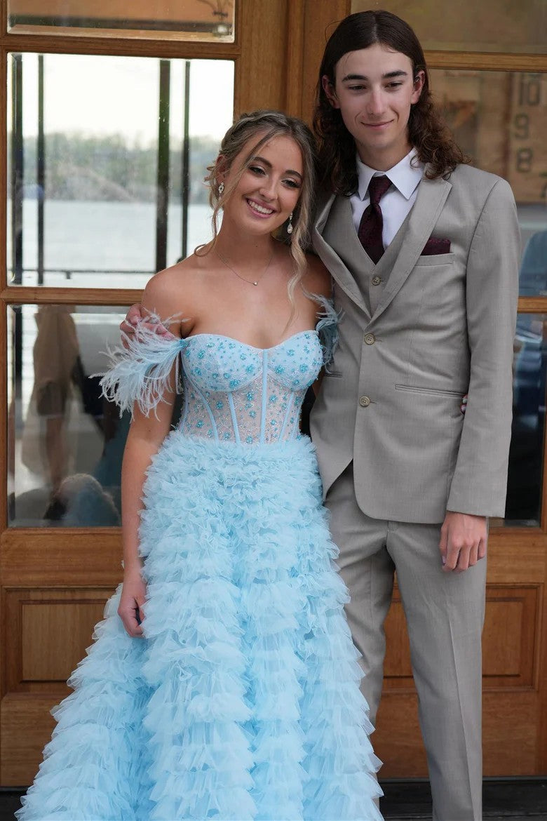 Blush Pink Off-Shoulder Feathered Corset Gown with Layered Ruffle Train