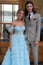 Blush Pink Off-Shoulder Feathered Corset Gown with Layered Ruffle Train