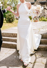 Open Back Sleeveless Halter Neck Detachable Mermaid Wedding Dresses