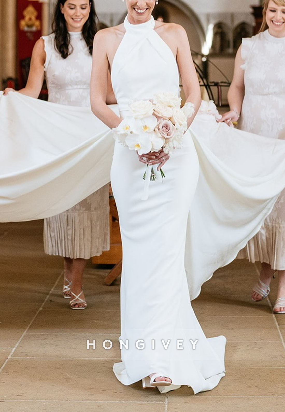 Open Back Sleeveless Halter Neck Detachable Mermaid Wedding Dresses