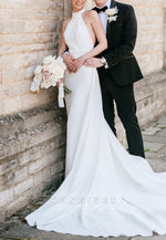 Open Back Sleeveless Halter Neck Detachable Mermaid Wedding Dresses