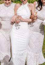 Open Back Sleeveless Halter Neck Detachable Mermaid Wedding Dresses