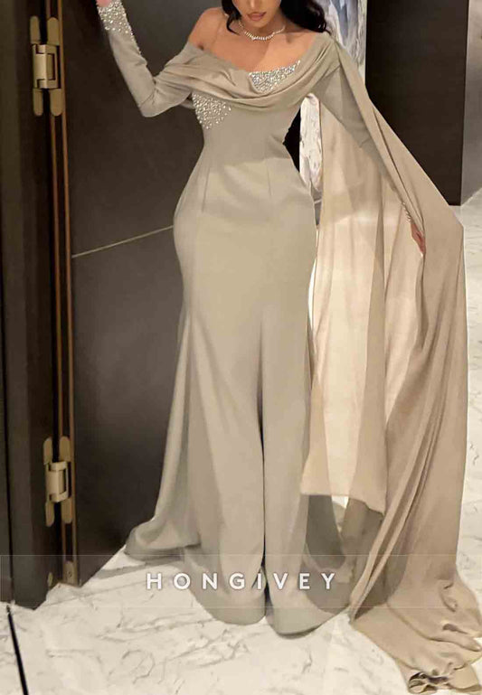 Side Draping One Shoulder Long Sleeves Floor-Length Trumpet Evening Gowns