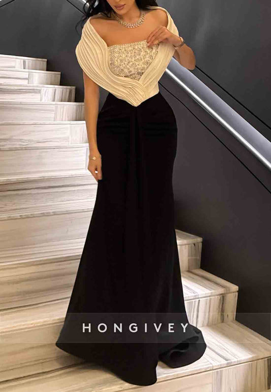 Trumpet Shawl Pleated Ruffles Beading Floor-Length Evening Gowns