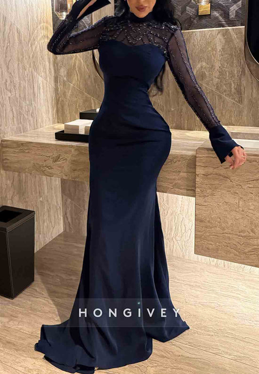 Bell Sleeves High Neck Beading Illusion Neck Trumpet Evening Gowns