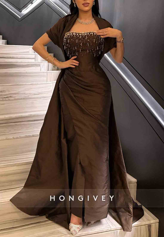 Sheath Short Sleeves Detachable Floor-Length Pleated Evening Gowns