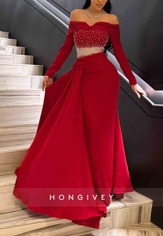 Long Sleeves Side Draping Off the Shoulder Floor-Length Pleated Evening Gowns