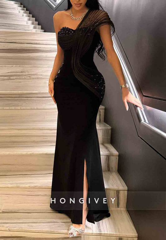 One Shoulder Trumpet Formal Dresses Side Slit Floor-Length Evening Gowns
