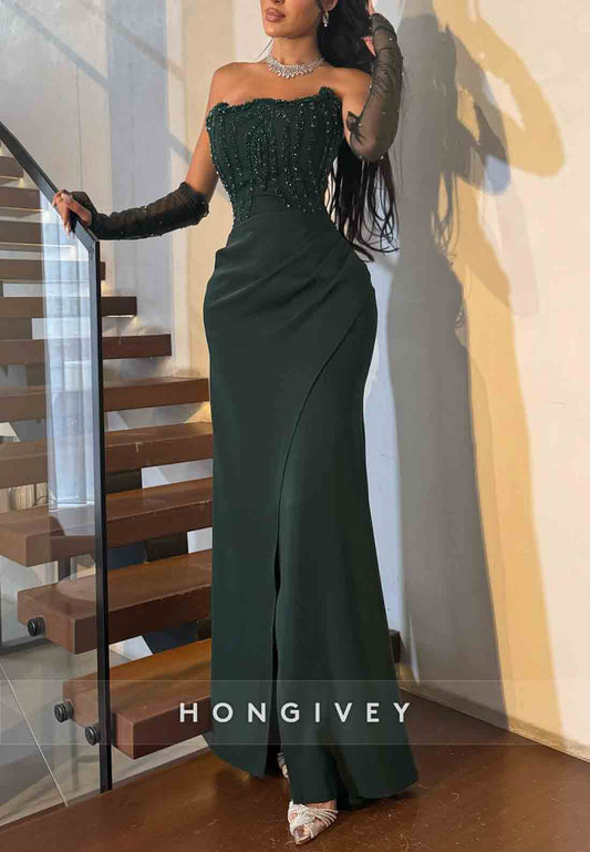 Strapless Beading Trumpet Formal Dresses Side Slit Floor-Length Evening Gowns