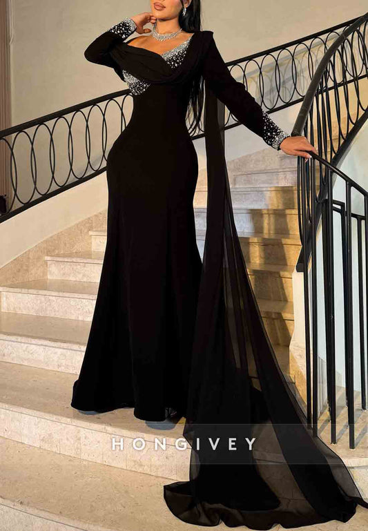 Crisscross Back Long Sleeves One Shoulder Side Draping Trumpet Evening Gowns