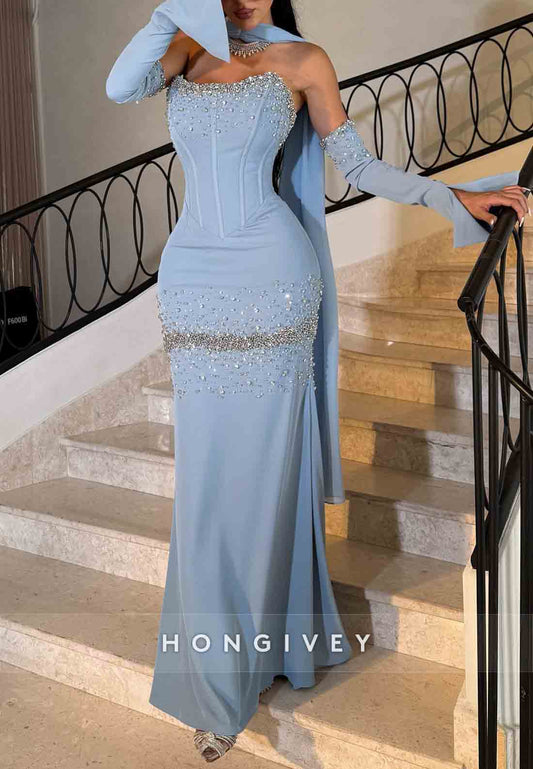 Bell Sleeves Strapless Trumpet Floor-Length Beading Evening Gowns