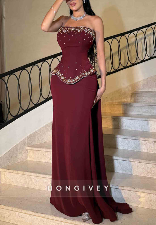 Burgundy Strapless Side Draping Trim Floor-Length Sleeveless Evening Gowns