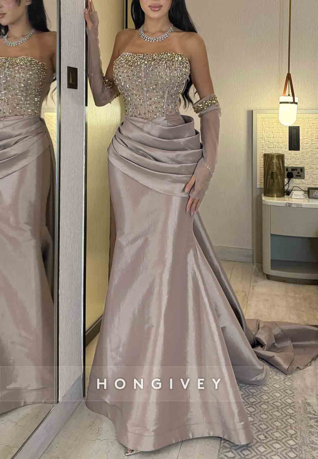 Elegant Strapless Satin Pleated Trumpet Evening Gowns with Beading