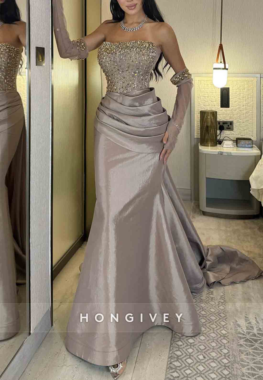 Elegant Strapless Satin Pleated Trumpet Evening Gowns with Beading