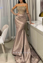 Elegant Strapless Satin Pleated Trumpet Evening Gowns with Beading