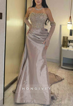 Elegant Strapless Satin Pleated Trumpet Evening Gowns with Beading