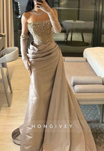 Elegant Strapless Satin Pleated Trumpet Evening Gowns with Beading