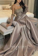 Elegant Strapless Satin Pleated Trumpet Evening Gowns with Beading