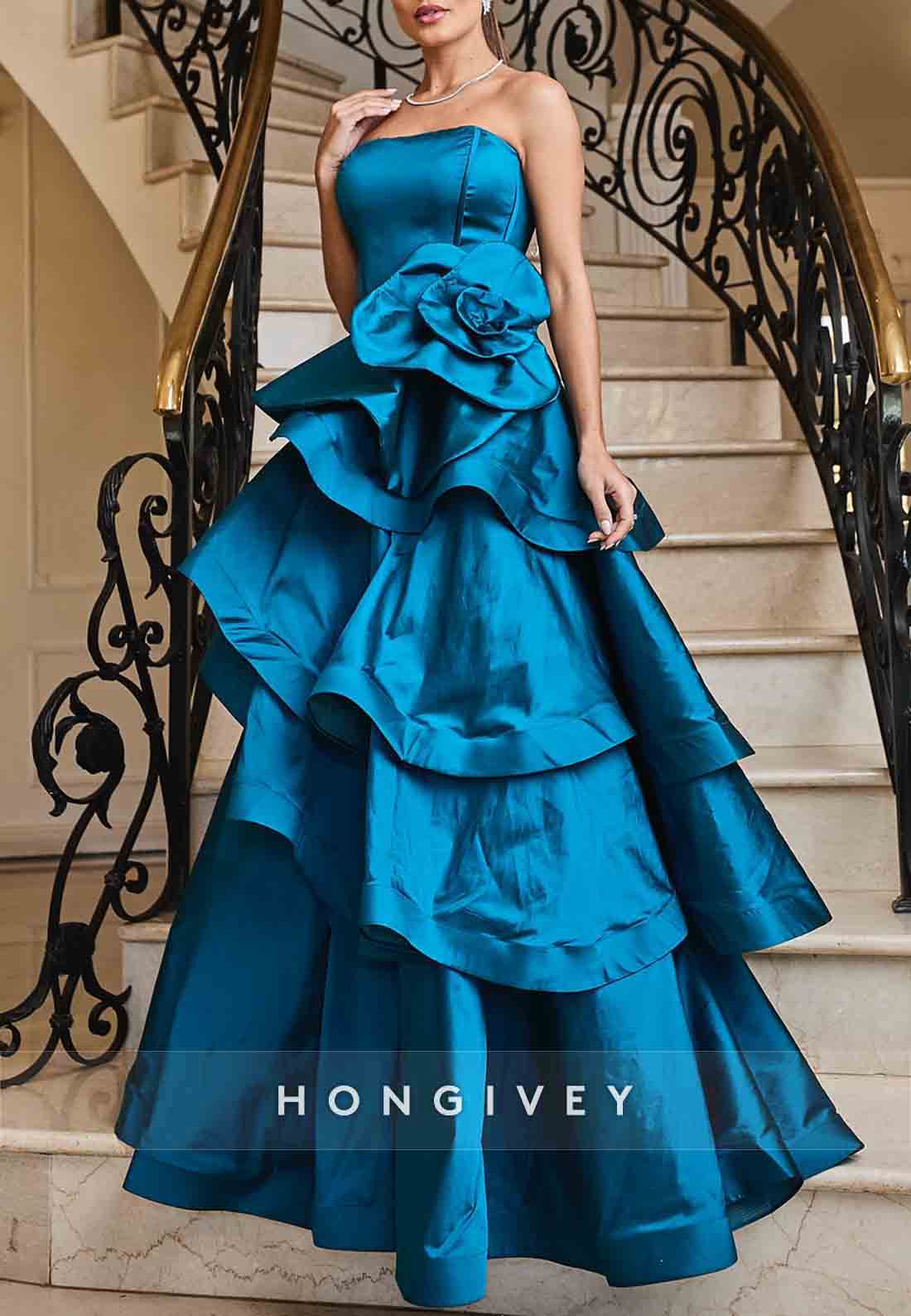 Floral Blue Strapless Ruched A-Line Empire Floor-Length Evening Gowns