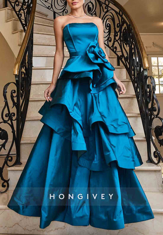 Floral Blue Strapless Ruched A-Line Empire Floor-Length Evening Gowns