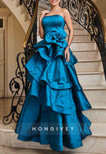 Floral Blue Strapless Ruched A-Line Empire Floor-Length Evening Gowns