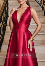 Low V-Neck Red Satin A-Line Sleeveless Evening Gowns with Bowknot