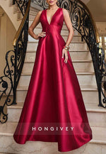 Low V-Neck Red Satin A-Line Sleeveless Evening Gowns with Bowknot