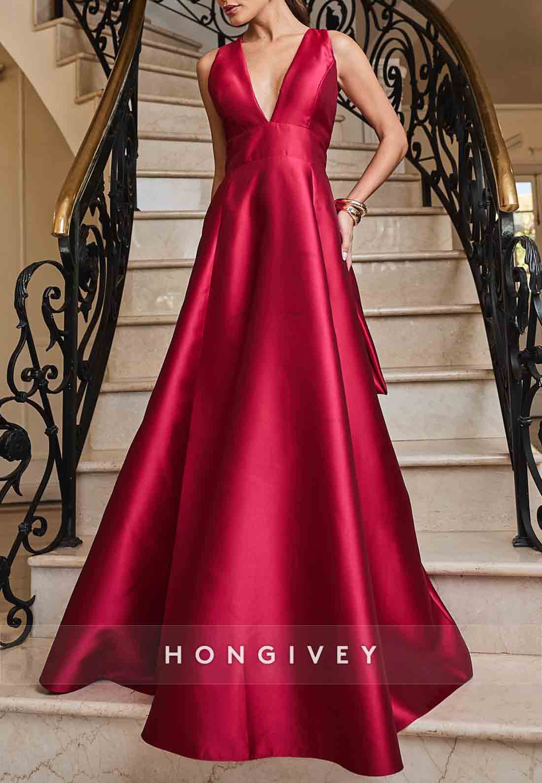 Low V-Neck Red Satin A-Line Sleeveless Evening Gowns with Bowknot