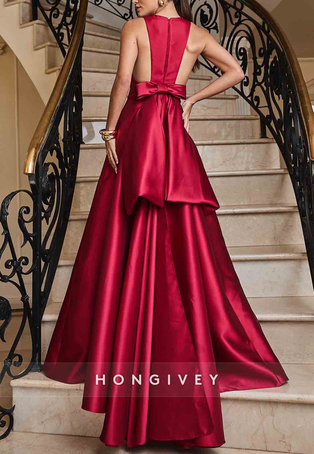 Low V-Neck Red Satin A-Line Sleeveless Evening Gowns with Bowknot