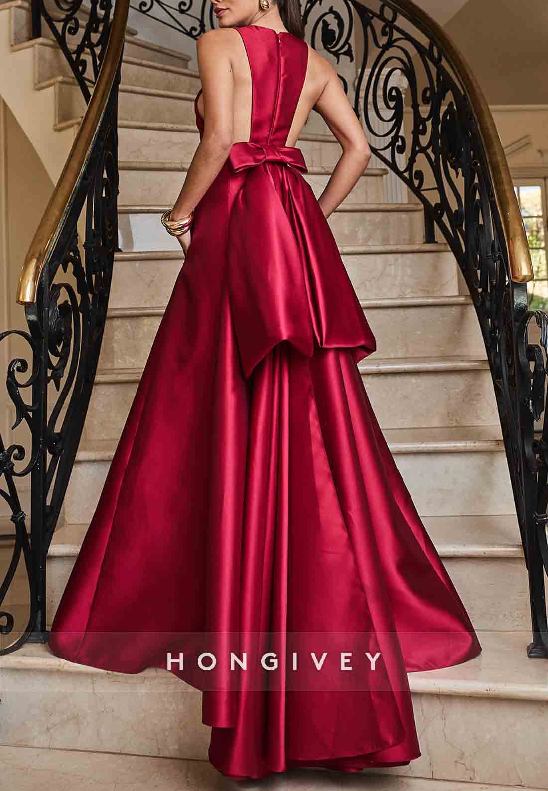 Low V-Neck Red Satin A-Line Sleeveless Evening Gowns with Bowknot