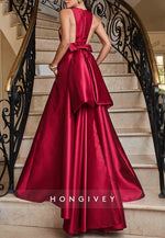 Low V-Neck Red Satin A-Line Sleeveless Evening Gowns with Bowknot