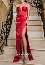 Sexy Sweetheart Red Floor-Length Strapless Satin Prom Dresses
