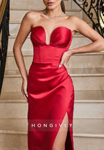 Sexy Sweetheart Red Floor-Length Strapless Satin Prom Dresses
