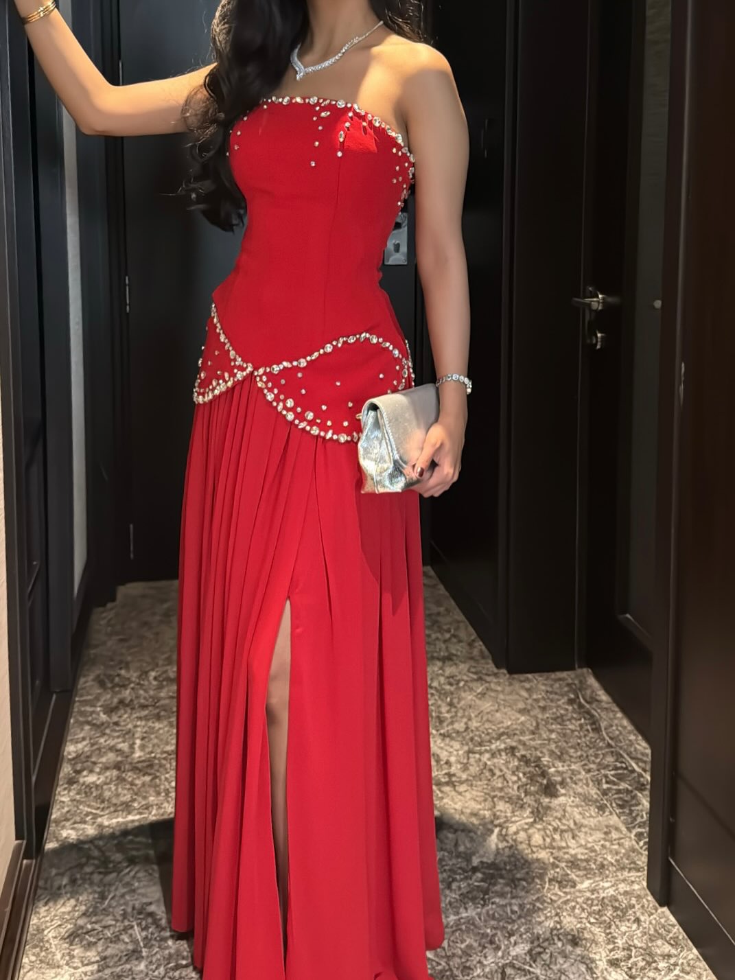 Red Strapless Sparkle Beaded Sleeveless A-Line Side Slit Evening Dress Ruched