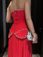 Red Strapless Sparkle Beaded Sleeveless A-Line Side Slit Evening Dress Ruched