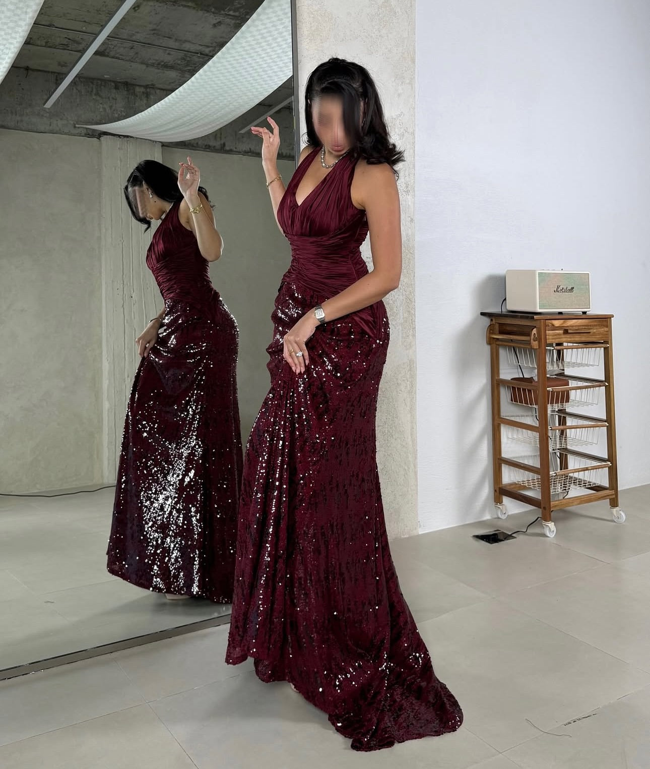 Red Halter Sleeveless Backless Sequins Sparkle Mermaid Floor-Length Evening Dress
