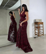 Red Halter Sleeveless Backless Sequins Sparkle Mermaid Floor-Length Evening Dress