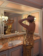 Glod Glitter Strapless Sleeveless Sequins Mermaid Floor-Length Evening Dress