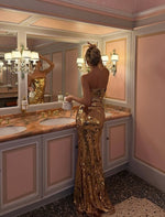 Glod Glitter Strapless Sleeveless Sequins Mermaid Floor-Length Evening Dress