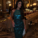 Glitter Green Halter Sleeveless Mermaid Sequins Sparkle Prom Dress