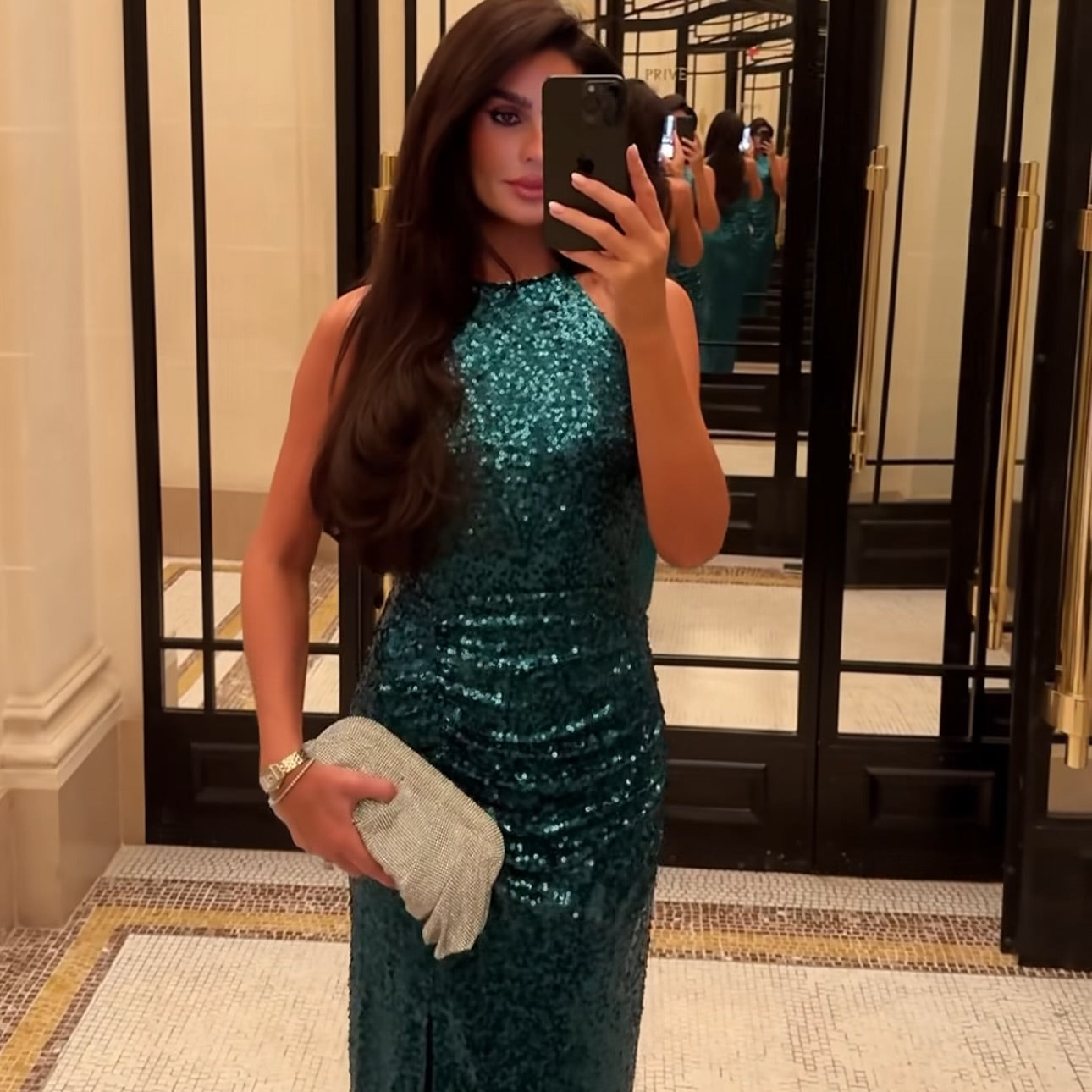 Glitter Green Halter Sleeveless Mermaid Sequins Sparkle Prom Dress