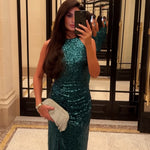 Glitter Green Halter Sleeveless Mermaid Sequins Sparkle Prom Dress