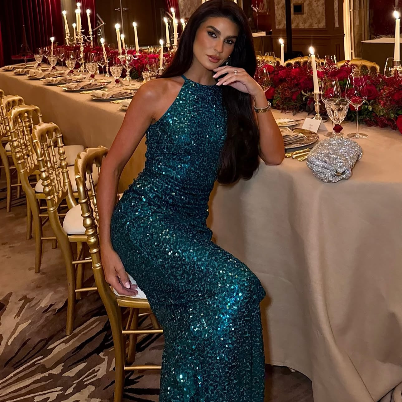 Glitter Green Halter Sleeveless Mermaid Sequins Sparkle Prom Dress